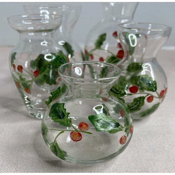 HAND PAINTED GLASS , CLEAR MINI VASES. 5 ITEMS IN THE SET.  VINES & BERRIES. - Picture 10 of 10